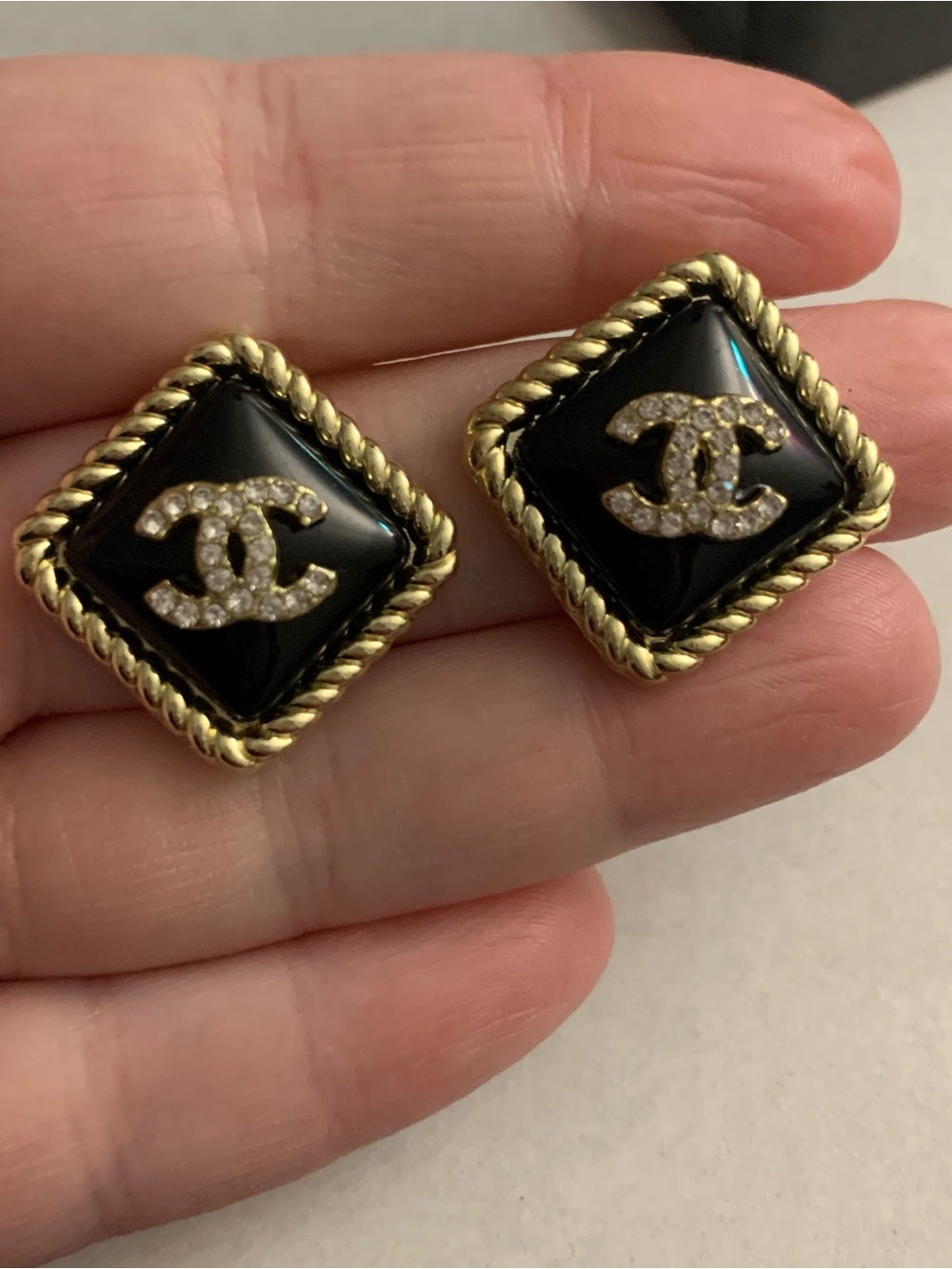 New Black and Gold CC Logo Square Clip-On Earrings